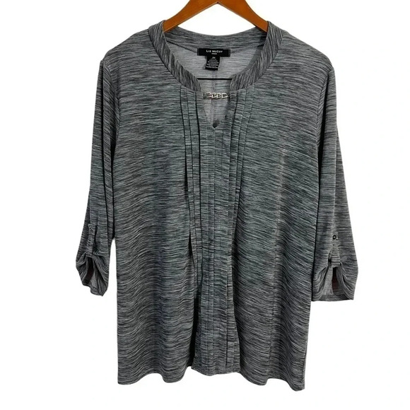 Liz McCoy Gray Pleated Blouse 2X Cutout Keyhole Neck with Chain 3/4 Roll Tab Top - Picture 1 of 9